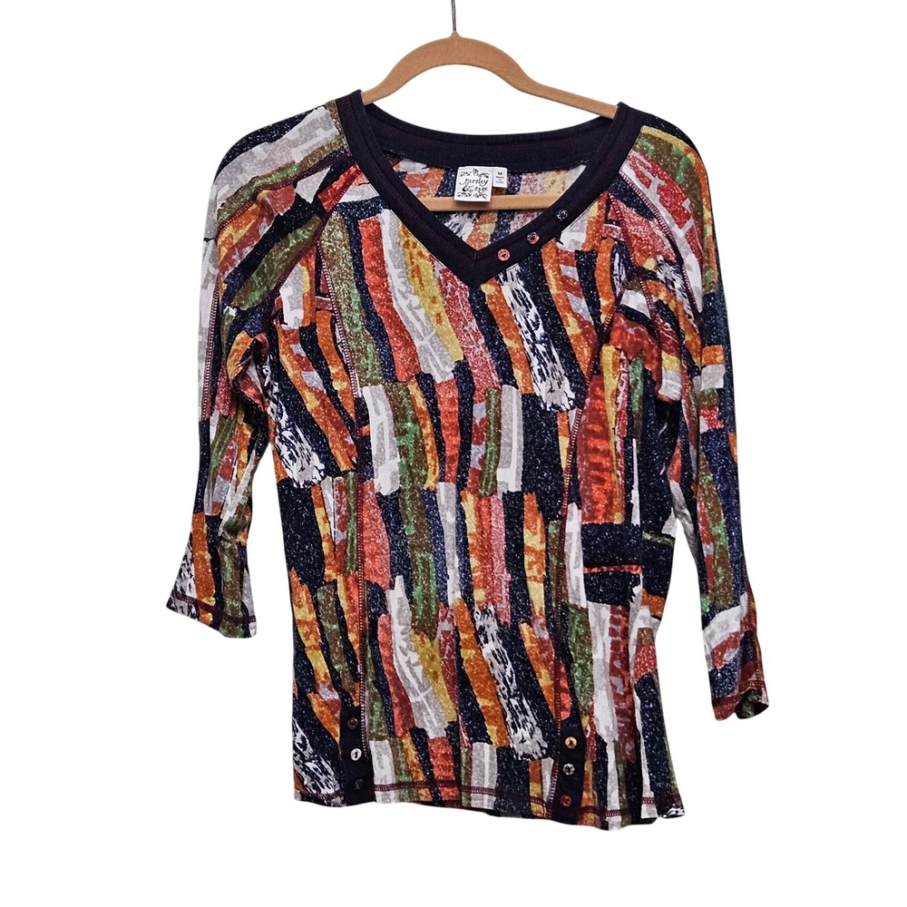 Parsley & Sage Top Women M Multicolor Abstract Stripe V-Neck Art to Wear 3/4 Slv